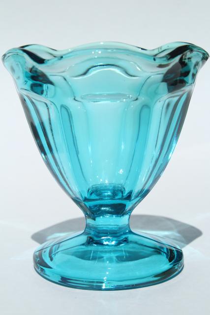 photo of Anchor Hocking laser blue colored glass ice cream sundae dishes, vintage set of 4 #2
