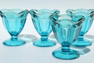 catalog photo of Anchor Hocking laser blue colored glass ice cream sundae dishes, vintage set of 4