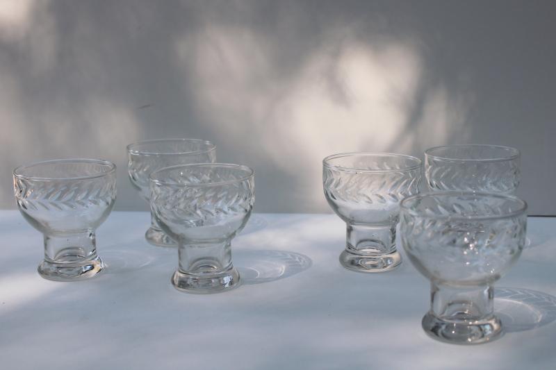 photo of Anchor Hocking laurel etch wheel cut glass cocktail glasses, mid century modern barware #1