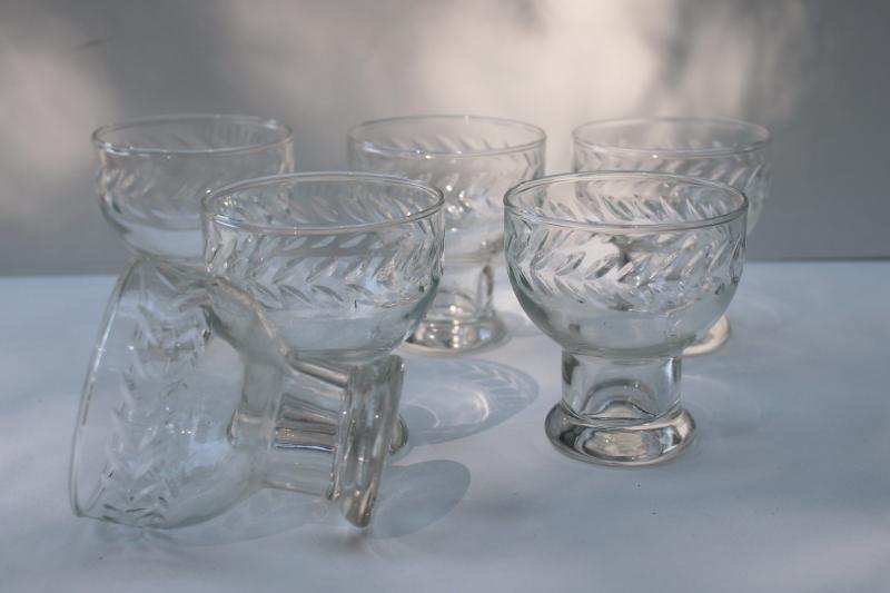 photo of Anchor Hocking laurel etch wheel cut glass cocktail glasses, mid century modern barware #2