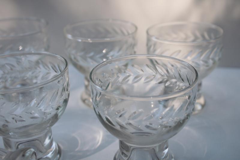 photo of Anchor Hocking laurel etch wheel cut glass cocktail glasses, mid century modern barware #3