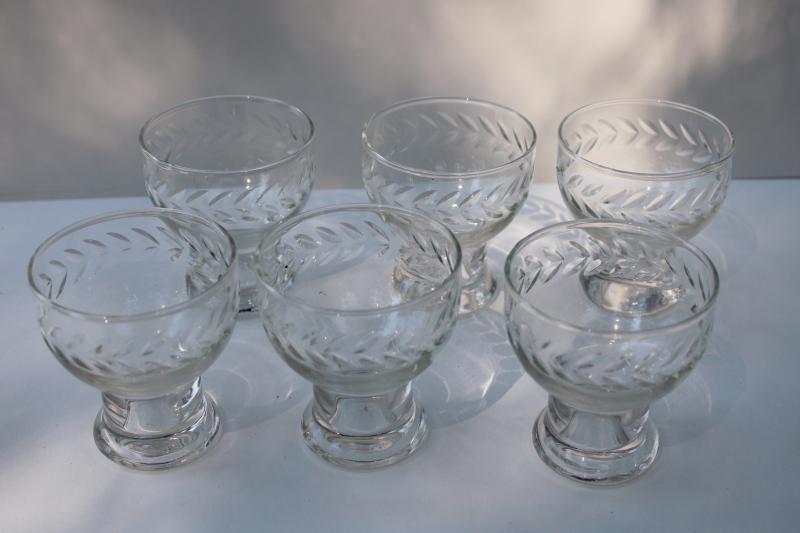 photo of Anchor Hocking laurel etch wheel cut glass cocktail glasses, mid century modern barware #4