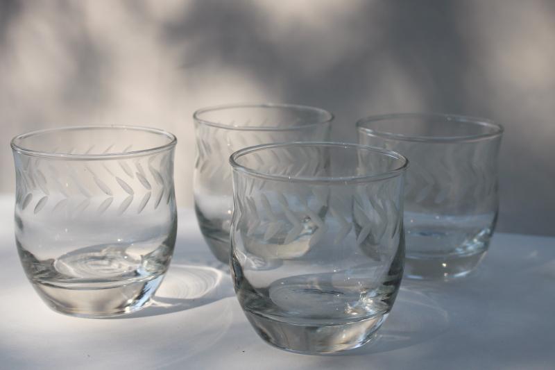 photo of Anchor Hocking laurel etch wheel cut glass on the rocks lowball drinking glasses #1