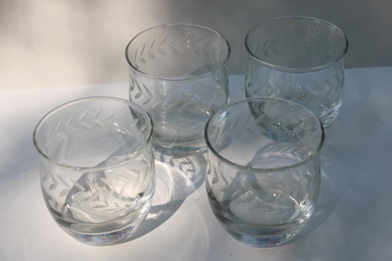 photo of Anchor Hocking laurel etch wheel cut glass on the rocks lowball drinking glasses #2