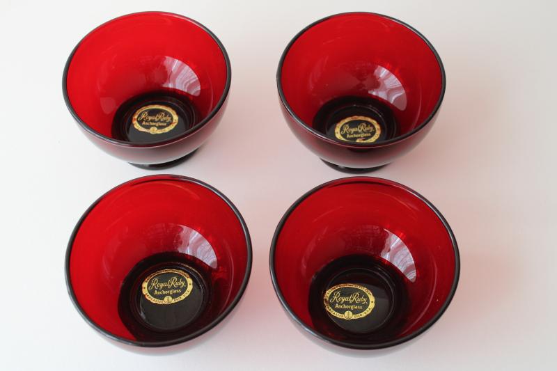 photo of Anchor Hocking royal ruby red glass, vintage set of small footed bowls w/ original labels #1