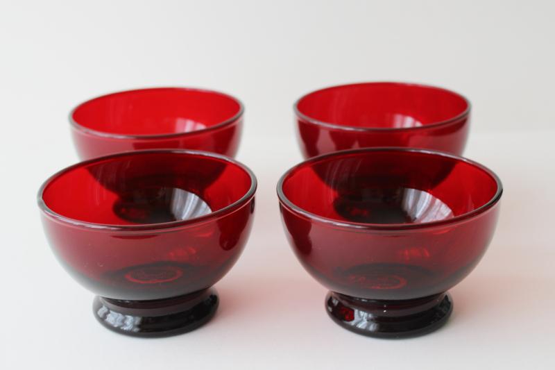 photo of Anchor Hocking royal ruby red glass, vintage set of small footed bowls w/ original labels #2