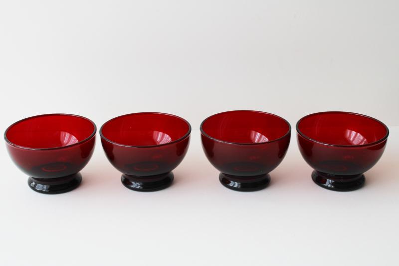 photo of Anchor Hocking royal ruby red glass, vintage set of small footed bowls w/ original labels #3