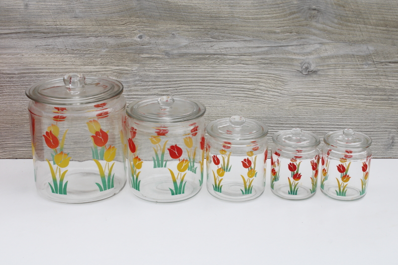 photo of Anchor Hocking vintage glass canister jars set, retro swanky swigs style colorful tulips print #1