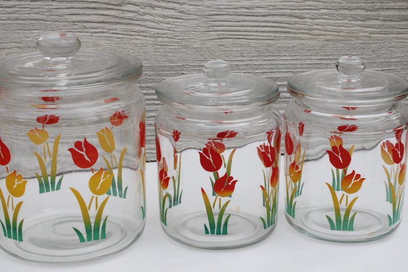photo of Anchor Hocking vintage glass canister jars set, retro swanky swigs style colorful tulips print #7