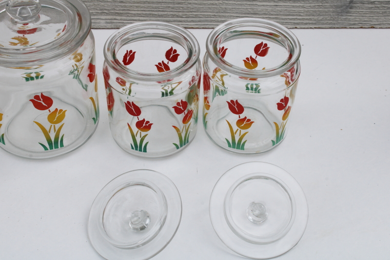 photo of Anchor Hocking vintage glass canister jars set, retro swanky swigs style colorful tulips print #8