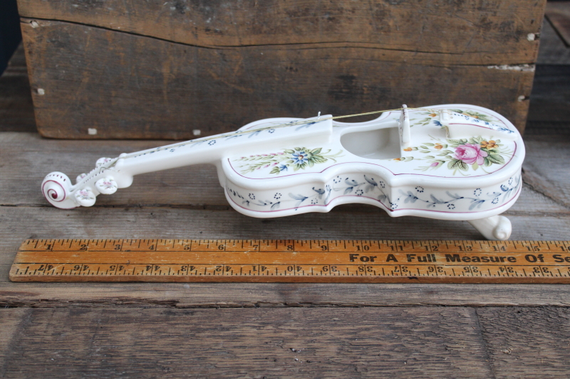 photo of Andrea by Sadek hand painted flowered porcelain violin, large decorative planter vintage Japan  #2