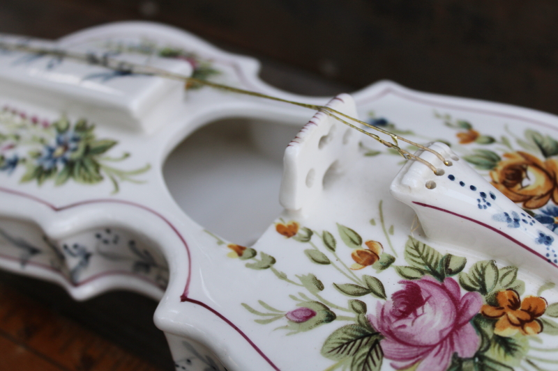 photo of Andrea by Sadek hand painted flowered porcelain violin, large decorative planter vintage Japan  #3