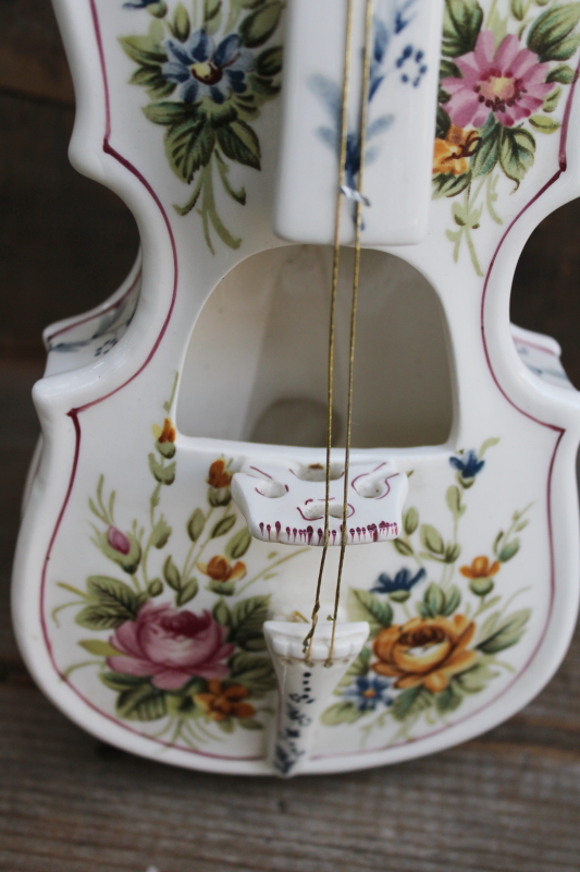 photo of Andrea by Sadek hand painted flowered porcelain violin, large decorative planter vintage Japan  #5