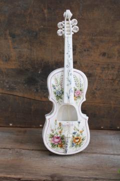 Andrea by Sadek hand painted flowered porcelain violin, large decorative planter vintage Japan 