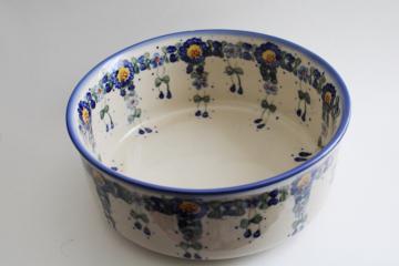 catalog photo of Andy Polish pottery Unikat pattern blue yellow hand painted signed large mixing bowl