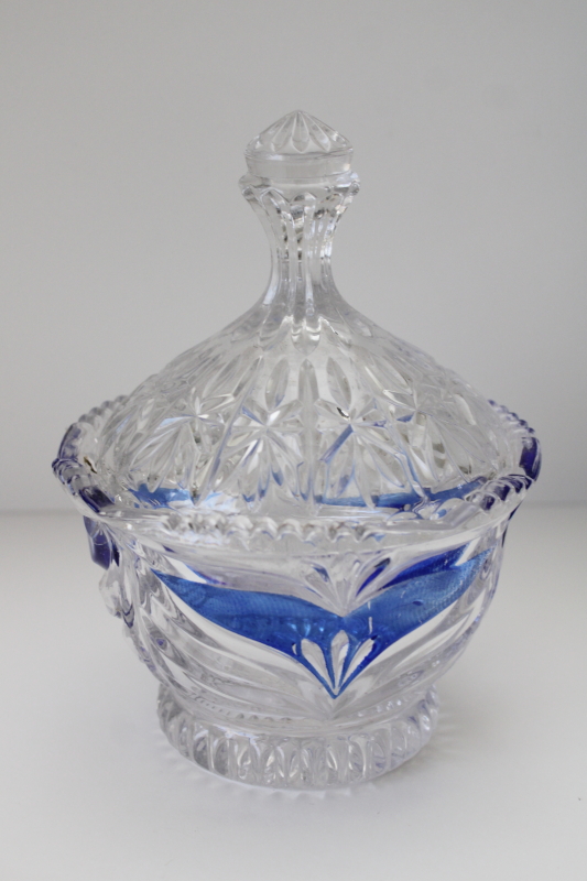 photo of Anna Hutte Germany candy dish w/ lid, cobalt blue on clear crystal glass 80s 90s vintage  #1