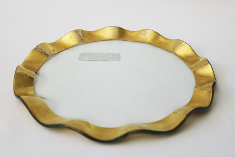 photo of Annieglass Roman gold band ruffle edge glass dinner plate, large round tray or platter #1