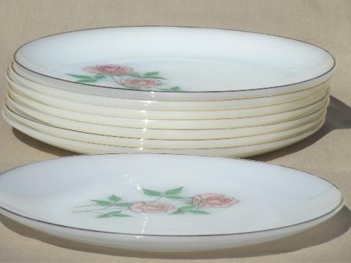 photo of Anniversary Rose pattern 60s vintage Fire King glass dinner plates set #3