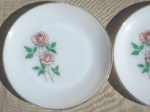 photo of Anniversary Rose pattern 60s vintage Fire King glass dinner plates set #4