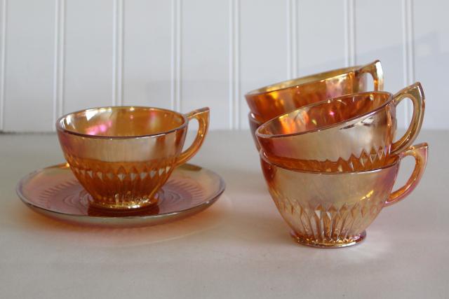 photo of Anniversary pattern iridescent carnival glass cups and saucers marigold orange luster #1