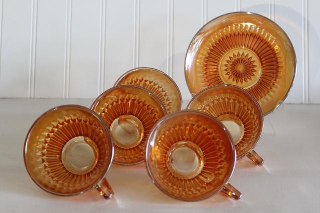 photo of Anniversary pattern iridescent carnival glass cups and saucers marigold orange luster #3