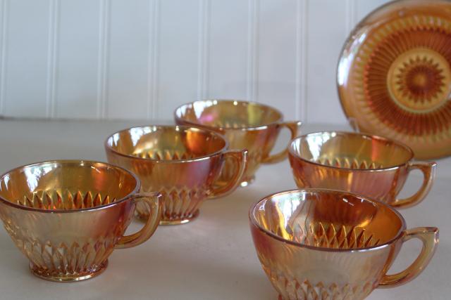 photo of Anniversary pattern iridescent carnival glass cups and saucers marigold orange luster #4