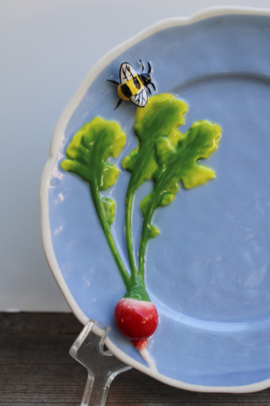 photo of Anthropolgie Faye salad plate, molded ceramic bee & radish on blue Anthro tableware  #2