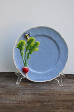 catalog photo of Anthropolgie Faye salad plate, molded ceramic bee & radish on blue Anthro tableware 