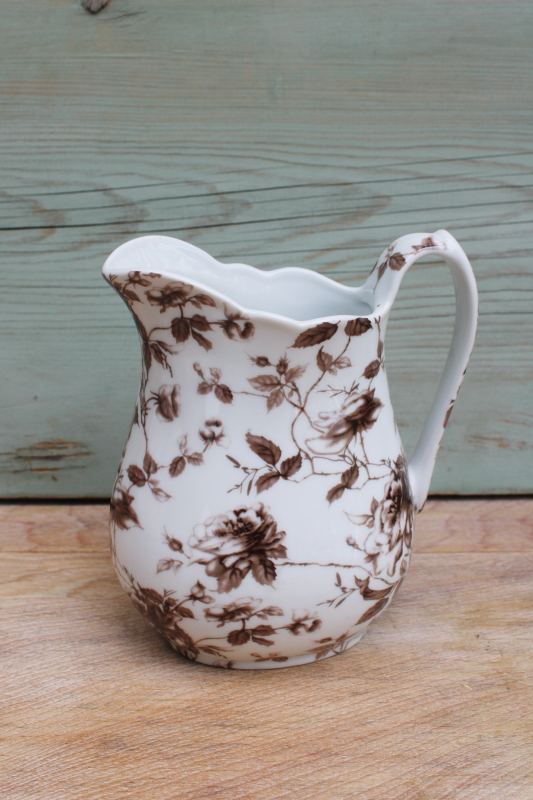 photo of Antique Reflections Godinger brown transferware china pitcher or milk jug, old roses floral #1