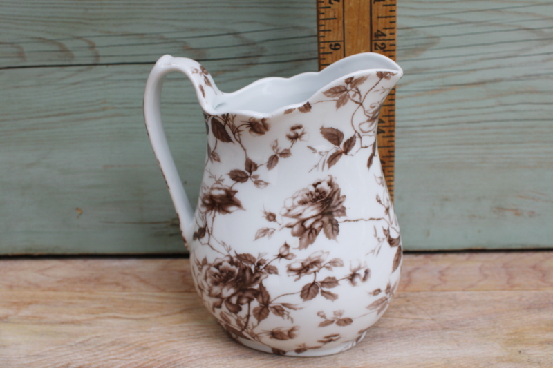 photo of Antique Reflections Godinger brown transferware china pitcher or milk jug, old roses floral #2