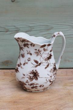 catalog photo of Antique Reflections Godinger brown transferware china pitcher or milk jug, old roses floral