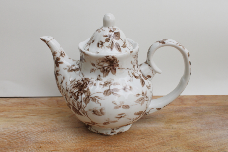 photo of Antique Reflections Godinger brown transferware china teapot, old roses floral #1