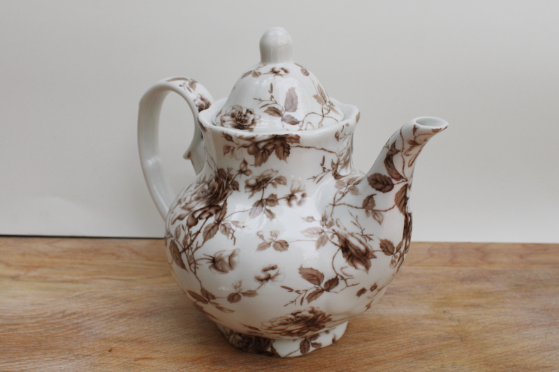 photo of Antique Reflections Godinger brown transferware china teapot, old roses floral #2
