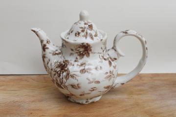 catalog photo of Antique Reflections Godinger brown transferware china teapot, old roses floral