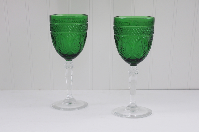 photo of Antique pattern emerald green clear stem glass goblets, water or wine glasses vintage Arcoroc stemware #1