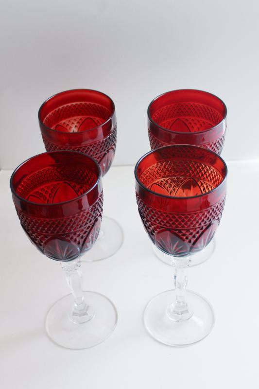 photo of Antique pattern ruby red glass goblets, water or wine glasses vintage Luminarc France #2