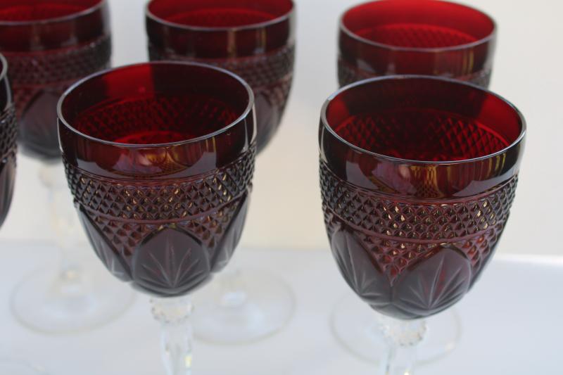 photo of Antique pattern ruby red glass goblets, water or wine glasses vintage Luminarc France #2