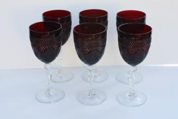 catalog photo of Antique pattern ruby red glass goblets, water or wine glasses vintage Luminarc France