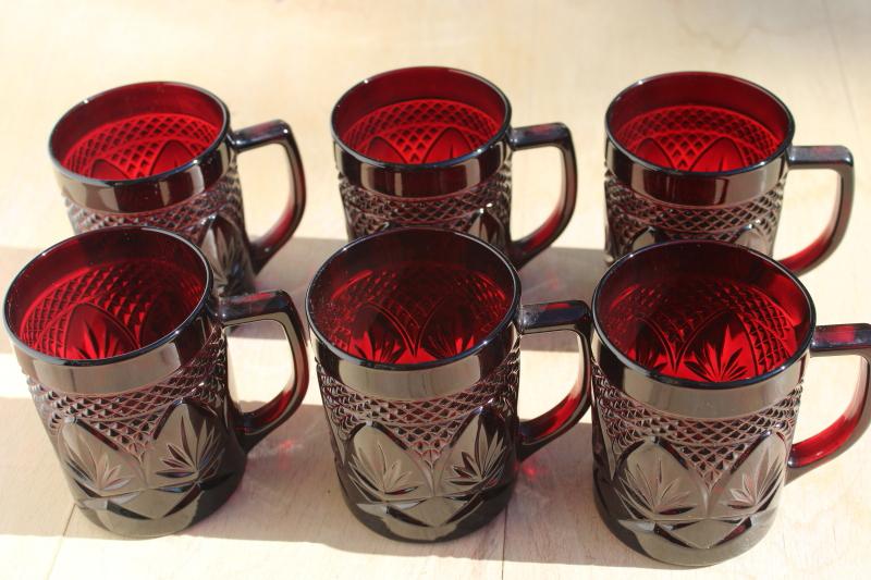 photo of Antique pattern ruby red glass mugs, vintage Cristal d'Arcques Luminarc France glassware #2