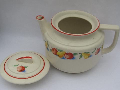 photo of Apple & Pear vintage Harker Hotoven teapot, fruit pattern pottery #2