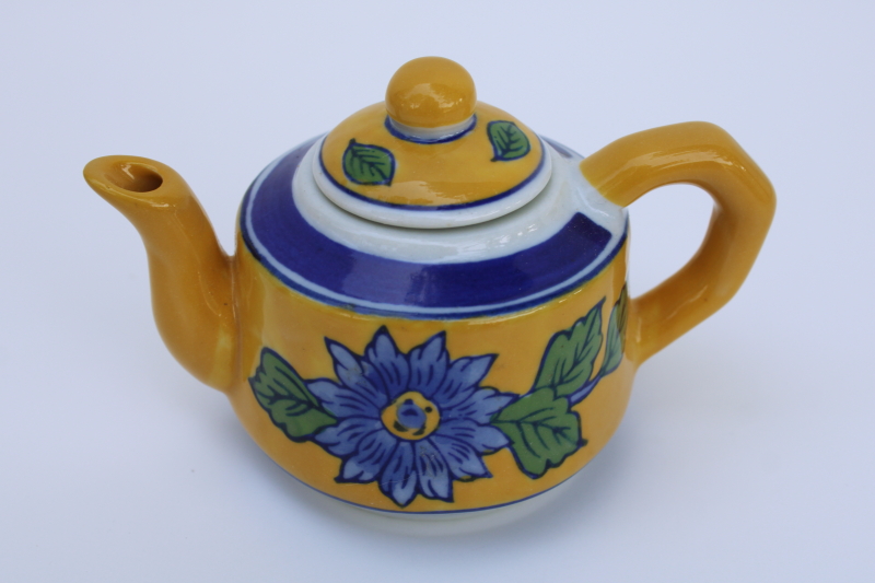 photo of April Cornell mini teapot, decorative hand painted ceramic tea pot yellow & blue french country style #1