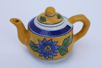 catalog photo of April Cornell mini teapot, decorative hand painted ceramic tea pot yellow & blue french country style 