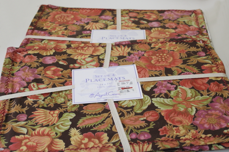 photo of April Cornell print cotton placemats set, plum, orange, green floral on brown #1