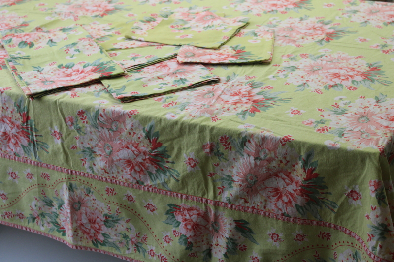 photo of April Cornell printed cotton tablecloth & napkins, vintage style floral lime green pink #1