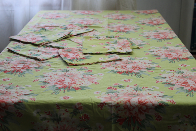 photo of April Cornell printed cotton tablecloth & napkins, vintage style floral lime green pink #2