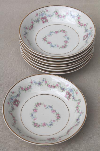 photo of Arcadia Old Ivory Syracuse china, 8 vintage fruit bowls w/ pink & blue floral garland #2