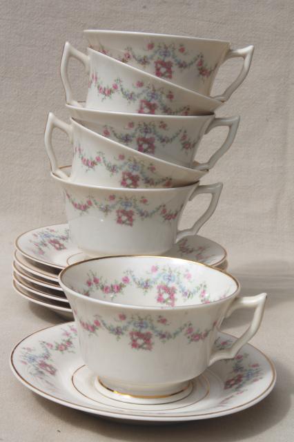 photo of Arcadia Old Ivory Syracuse china, pink & blue floral garland vintage tea cups & saucers #1