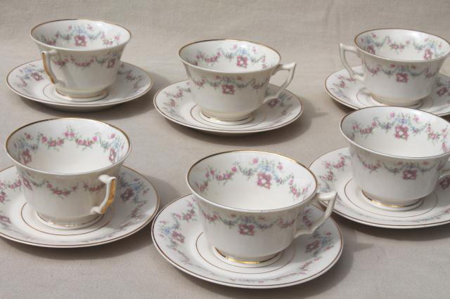 photo of Arcadia Old Ivory Syracuse china, pink & blue floral garland vintage tea cups & saucers #2