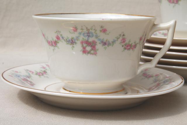 photo of Arcadia Old Ivory Syracuse china, pink & blue floral garland vintage tea cups & saucers #3