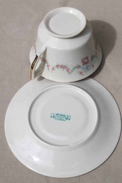 photo of Arcadia Old Ivory Syracuse china, pink & blue floral garland vintage tea cups & saucers #5